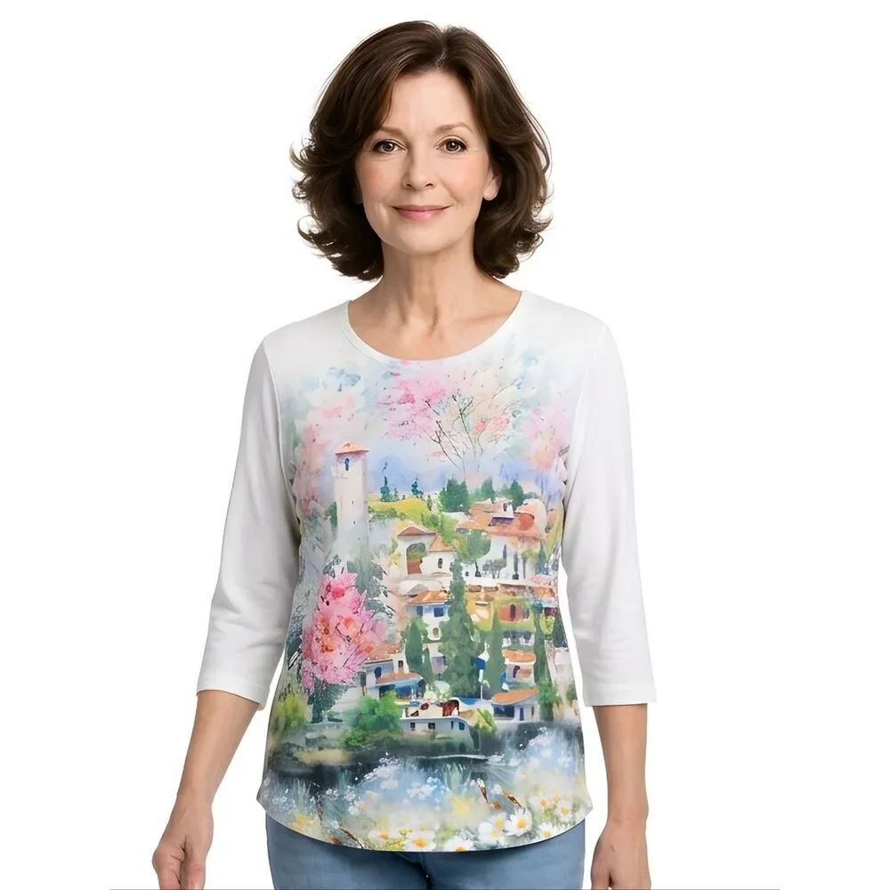 One World Bright Rhinestone 3/4 Sleeve Village On A Hill Top Size MP